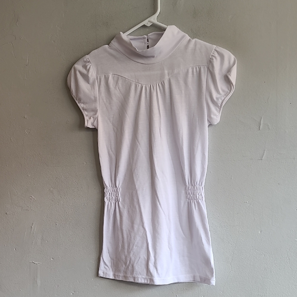 Womens junior small white high neck short sleeve cinched waist shirt vintage Y2K